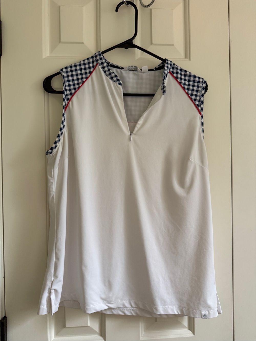Lady Hagen White Sleeveless V-Neck Top with Navy Gingham Trim